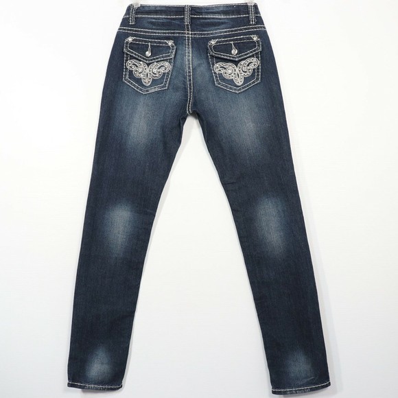 Gumm Junior Womens Embellished Jeans 5/6 Flap Pockets Rhinestone Button Slim Leg - Picture 5 of 10